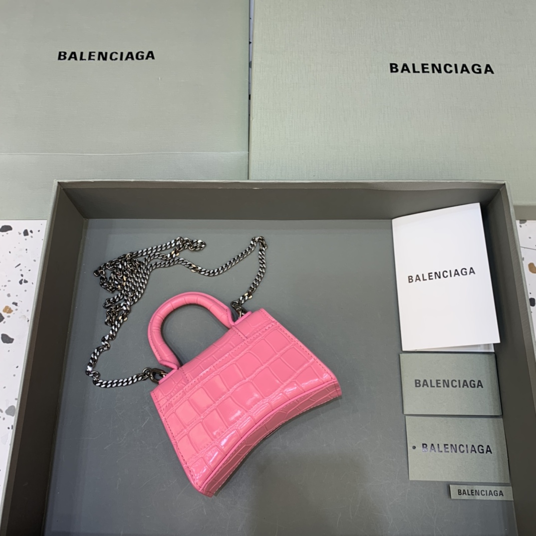 Balenciaga Hourglass Mini Handbag With Chain Crocodile Embossed Shoulder Bag Pink